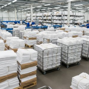 A warehouse full of folded white linens on stacks and in carts, with people working in the background.